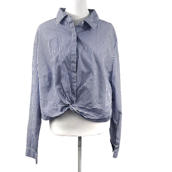 Seersucker Cropped Shirt Sz XL Blue Striped Summer Beach Front Twist Office - Picture 1 of 9